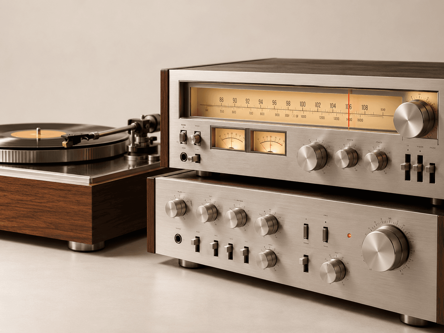 Retro hi-fi souprava – gramofon, tuner a zesilovač v dřevěných skříních